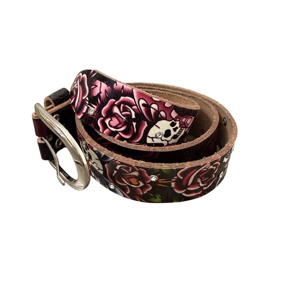 VTG Y2K Ed Hardy Black Pink Rose Skull Rhinestone Leather Womens Belt Small